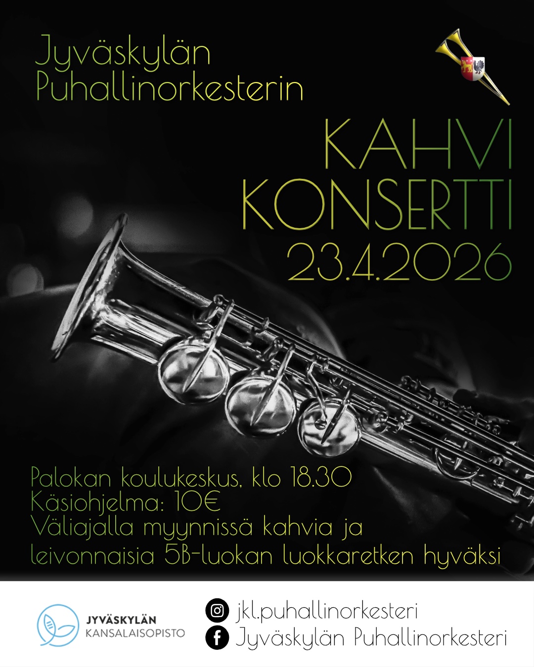 Kahvi konsertti Palokan koulukeskuksessa to 23.4.2026 klo 18.30